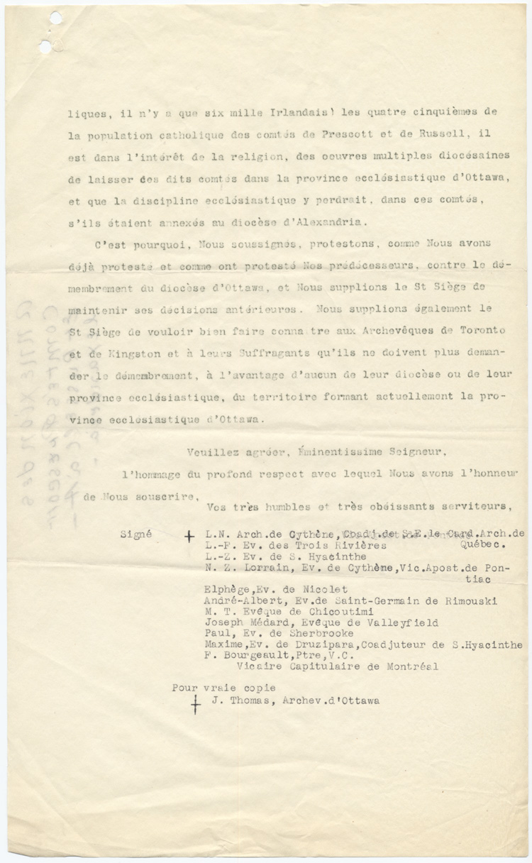 Reproduction de la deuxi&egrave;me page d’une copie d’une lettre de repr&eacute;sentants de la hi&eacute;rarchie catholique du Qu&eacute;bec au cardinal Ledochowski, pr&eacute;fet de la Sacr&eacute;e Congr&eacute;gation de la propagande de la foi, &agrave; Rome, 25 f&eacute;vrier 1897.