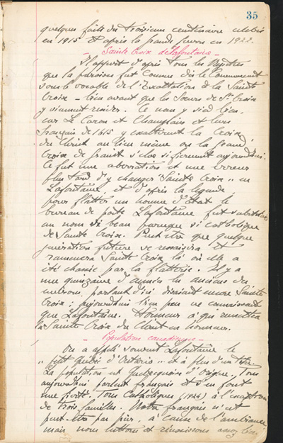 Reproduction de la trente-cinqui&egrave;me page des Notes historiques sur la paroisse Sainte-Croix de Lafontaine par le p&egrave;re Henri Brunet, cur&eacute; de la paroisse,  d&eacute;crivant la situation g&eacute;ographique et les origines de Lafontaine (Ontario) depuis 1615, 1924-1936.