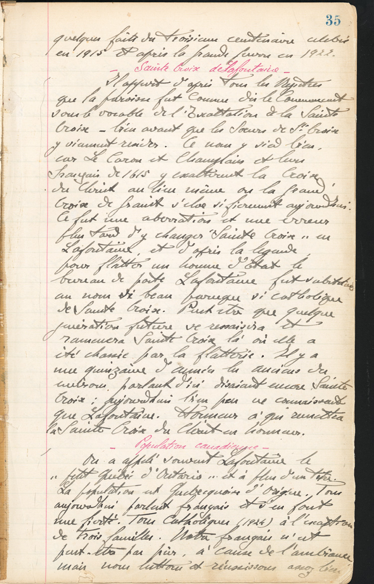 Reproduction de la trente-cinqui&egrave;me page des Notes historiques sur la paroisse Sainte-Croix de Lafontaine par le p&egrave;re Henri Brunet, cur&eacute; de la paroisse,  d&eacute;crivant la situation g&eacute;ographique et les origines de Lafontaine (Ontario) depuis 1615, 1924-1936.