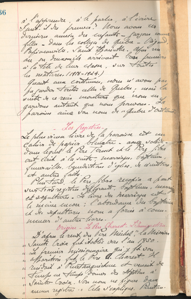 Reproduction de la trente-sixi&egrave;me page des Notes historiques sur la paroisse Sainte-Croix de Lafontaine par le p&egrave;re Henri Brunet, cur&eacute; de la paroisse,  d&eacute;crivant la situation g&eacute;ographique et les origines de Lafontaine (Ontario) depuis 1615, 1924-1936.
