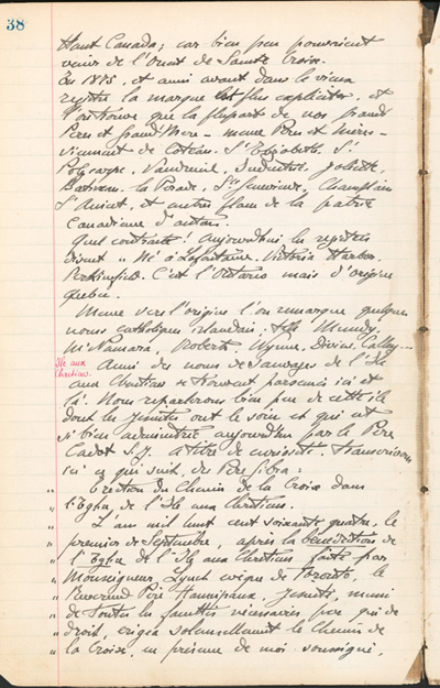 Reproduction de la trente-huiti&egrave;me page des Notes historiques sur la paroisse Sainte-Croix de Lafontaine par le p&egrave;re Henri Brunet, cur&eacute; de la paroisse,  d&eacute;crivant la colonisation de Lafontaine (Ontario) depuis 1840, 1924-1936.
