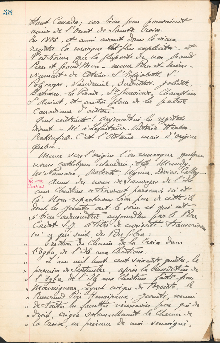 Reproduction de la trente-huiti&egrave;me page des Notes historiques sur la paroisse Sainte-Croix de Lafontaine par le p&egrave;re Henri Brunet, cur&eacute; de la paroisse,  d&eacute;crivant la colonisation de Lafontaine (Ontario) depuis 1840, 1924-1936.
