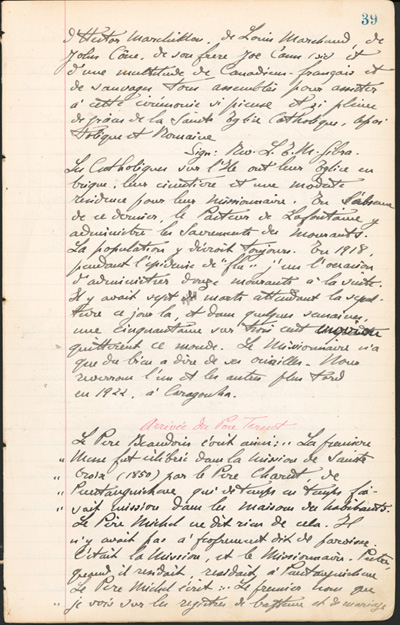 Reproduction de la trente-neuvi&egrave;me page des Notes historiques sur la paroisse Sainte-Croix de Lafontaine par le p&egrave;re Henri Brunet, cur&eacute; de la paroisse,  d&eacute;crivant la colonisation de Lafontaine (Ontario) depuis 1840, 1924-1936.