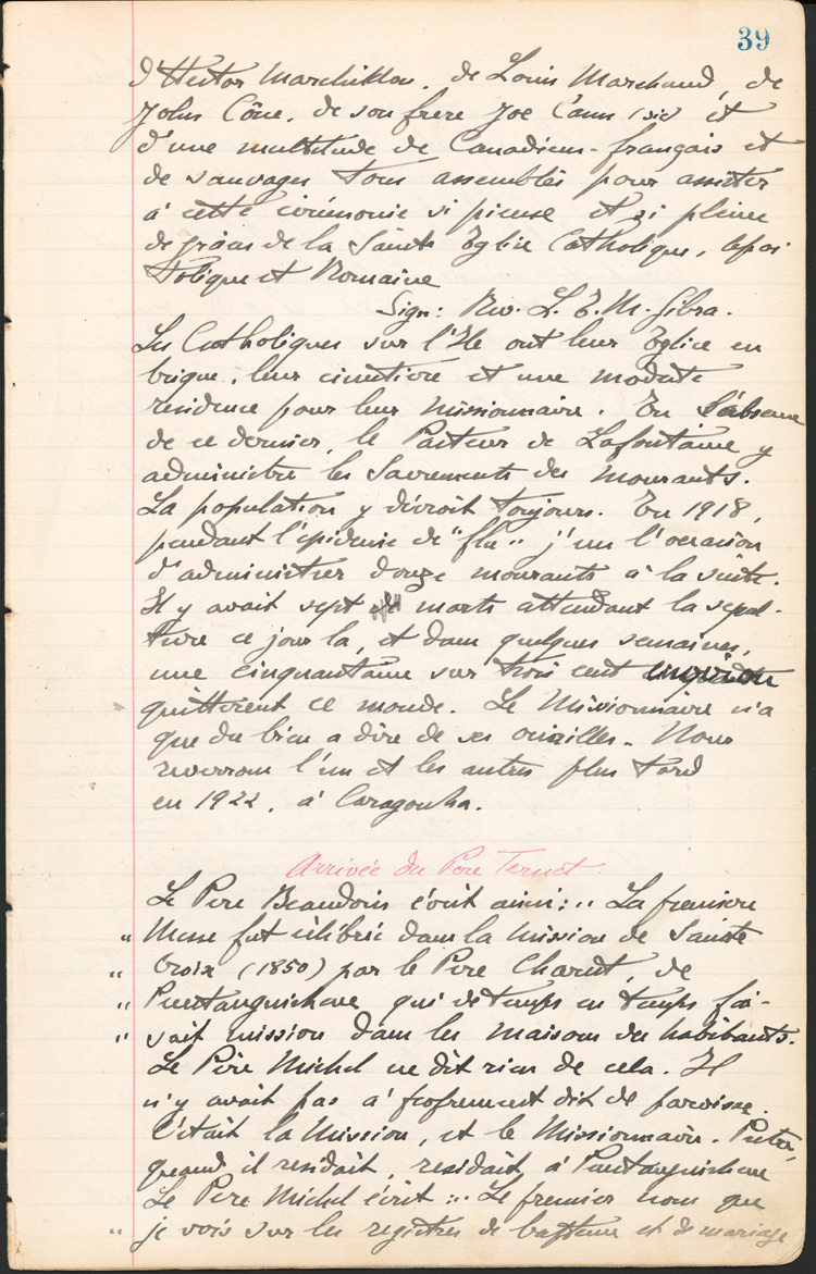 Reproduction de la trente-neuvi&egrave;me page des Notes historiques sur la paroisse Sainte-Croix de Lafontaine par le p&egrave;re Henri Brunet, cur&eacute; de la paroisse,  d&eacute;crivant la colonisation de Lafontaine (Ontario) depuis 1840, 1924-1936.