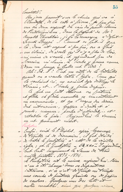 Reproduction de la cinquante-cinqui&egrave;me page des Notes historiques sur la paroisse Sainte-Croix de Lafontaine par le p&egrave;re Henri Brunet, cur&eacute; de la paroisse,  relatant la vie du cur&eacute; Joseph Michel, la construction du presbyt&egrave;re, d’un puits, d’une grange, des &eacute;glises Sainte-Croix et St. Patrick, et du couvent, &agrave; Lafontaine (Ontario) de 1872 &agrave; 1889, 1924-1936.