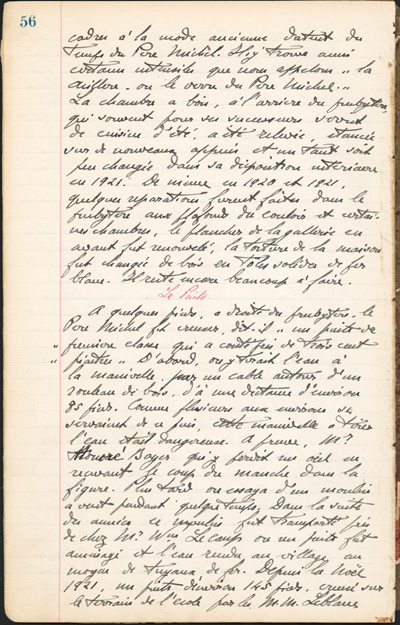 Reproduction de la cinquante-sixi&egrave;me page des Notes historiques sur la paroisse Sainte-Croix de Lafontaine par le p&egrave;re Henri Brunet, cur&eacute; de la paroisse,  relatant la vie du cur&eacute; Joseph Michel, la construction du presbyt&egrave;re, d’un puits, d’une grange, des &eacute;glises Sainte-Croix et St. Patrick, et du couvent, &agrave; Lafontaine (Ontario) de 1872 &agrave; 1889, 1924-1936.