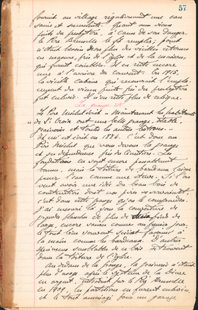 Reproduction de la cinquante-septi&egrave;me page des Notes historiques sur la paroisse Sainte-Croix de Lafontaine par le p&egrave;re Henri Brunet, cur&eacute; de la paroisse,  relatant la vie du cur&eacute; Joseph Michel, la construction du presbyt&egrave;re, d’un puits, d’une grange, des &eacute;glises Sainte-Croix et St. Patrick, et du couvent, &agrave; Lafontaine (Ontario) de 1872 &agrave; 1889, 1924-1936.