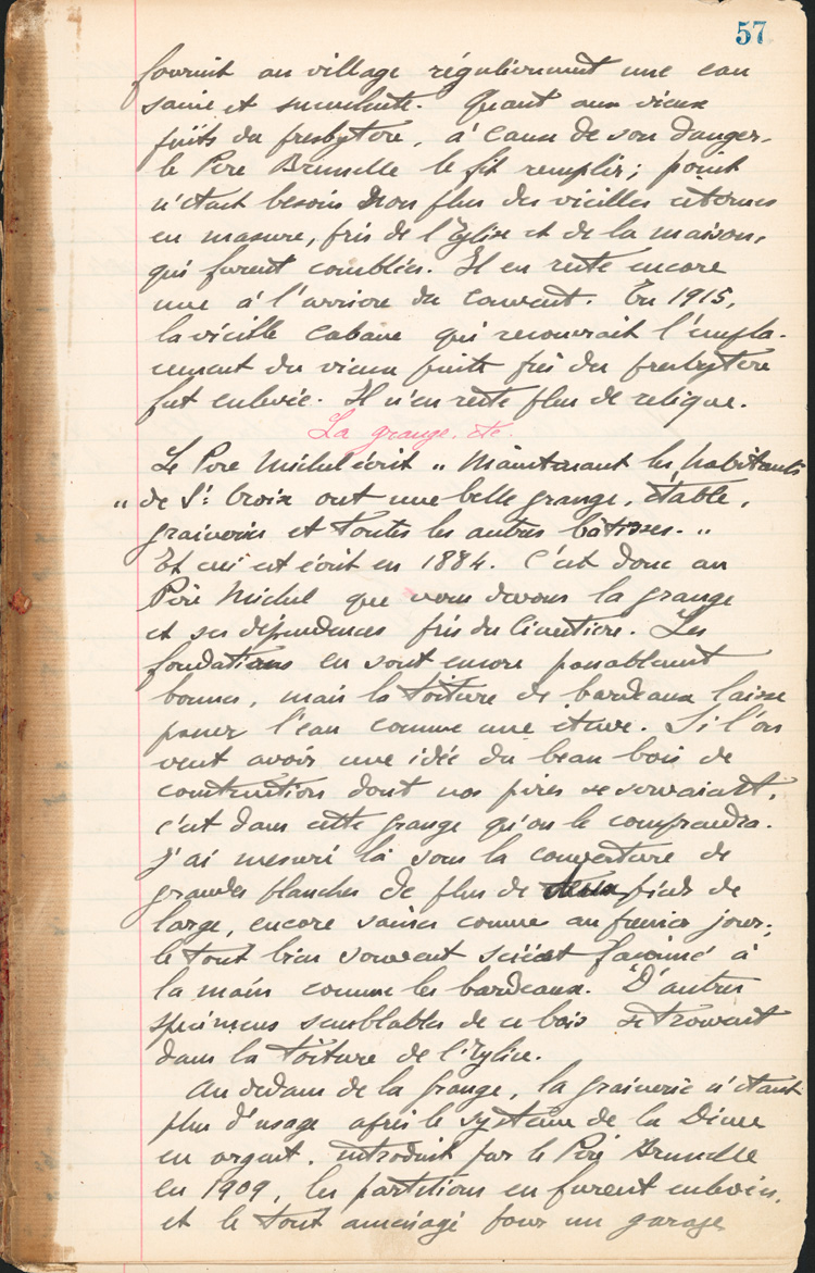 Reproduction de la cinquante-septi&egrave;me page des Notes historiques sur la paroisse Sainte-Croix de Lafontaine par le p&egrave;re Henri Brunet, cur&eacute; de la paroisse,  relatant la vie du cur&eacute; Joseph Michel, la construction du presbyt&egrave;re, d’un puits, d’une grange, des &eacute;glises Sainte-Croix et St. Patrick, et du couvent, &agrave; Lafontaine (Ontario) de 1872 &agrave; 1889, 1924-1936.