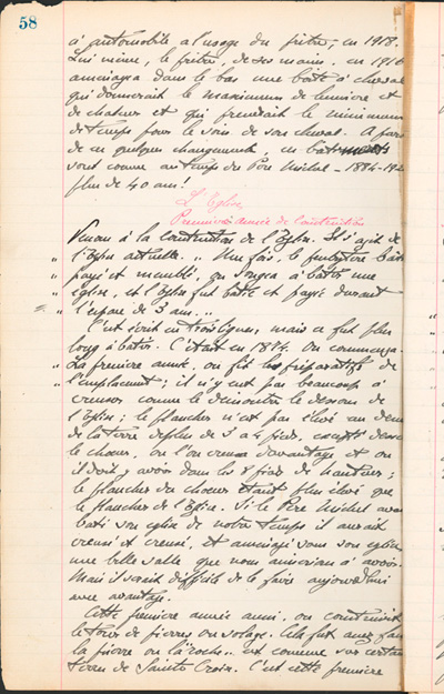 Reproduction de la cinquante-huiti&egrave;me page des Notes historiques sur la paroisse Sainte-Croix de Lafontaine par le p&egrave;re Henri Brunet, cur&eacute; de la paroisse,  relatant la vie du cur&eacute; Joseph Michel, la construction du presbyt&egrave;re, d’un puits, d’une grange, des &eacute;glises Sainte-Croix et St. Patrick, et du couvent, &agrave; Lafontaine (Ontario) de 1872 &agrave; 1889, 1924-1936.