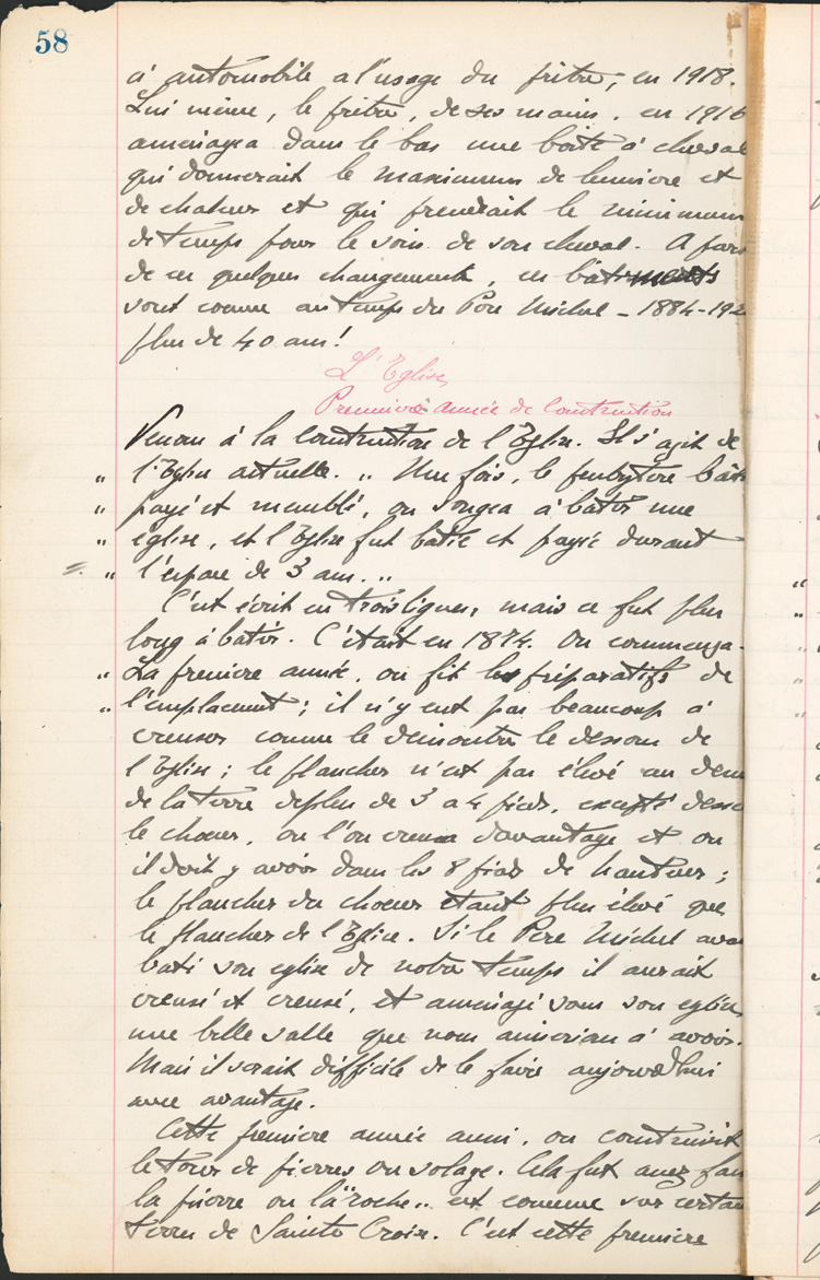Reproduction de la cinquante-huiti&egrave;me page des Notes historiques sur la paroisse Sainte-Croix de Lafontaine par le p&egrave;re Henri Brunet, cur&eacute; de la paroisse,  relatant la vie du cur&eacute; Joseph Michel, la construction du presbyt&egrave;re, d’un puits, d’une grange, des &eacute;glises Sainte-Croix et St. Patrick, et du couvent, &agrave; Lafontaine (Ontario) de 1872 &agrave; 1889, 1924-1936.