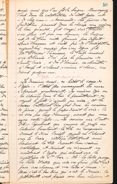 Reproduction de la cinquante-neuvi&egrave;me page des Notes historiques sur la paroisse Sainte-Croix de Lafontaine par le p&egrave;re Henri Brunet, cur&eacute; de la paroisse,  relatant la vie du cur&eacute; Joseph Michel, la construction du presbyt&egrave;re, d’un puits, d’une grange, des &eacute;glises Sainte-Croix et St. Patrick, et du couvent, &agrave; Lafontaine (Ontario) de 1872 &agrave; 1889, 1924-1936.