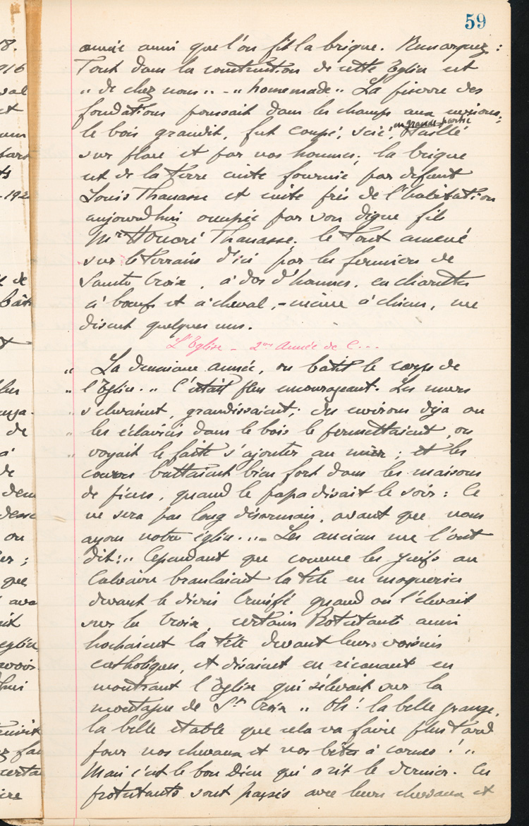 Reproduction de la cinquante-neuvi&egrave;me page des Notes historiques sur la paroisse Sainte-Croix de Lafontaine par le p&egrave;re Henri Brunet, cur&eacute; de la paroisse,  relatant la vie du cur&eacute; Joseph Michel, la construction du presbyt&egrave;re, d’un puits, d’une grange, des &eacute;glises Sainte-Croix et St. Patrick, et du couvent, &agrave; Lafontaine (Ontario) de 1872 &agrave; 1889, 1924-1936.