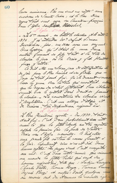 Reproduction de la soixanti&egrave;me page des Notes historiques sur la paroisse Sainte-Croix de Lafontaine par le p&egrave;re Henri Brunet, cur&eacute; de la paroisse,  relatant la vie du cur&eacute; Joseph Michel, la construction du presbyt&egrave;re, d’un puits, d’une grange, des &eacute;glises Sainte-Croix et St. Patrick, et du couvent, &agrave; Lafontaine (Ontario) de 1872 &agrave; 1889, 1924-1936.