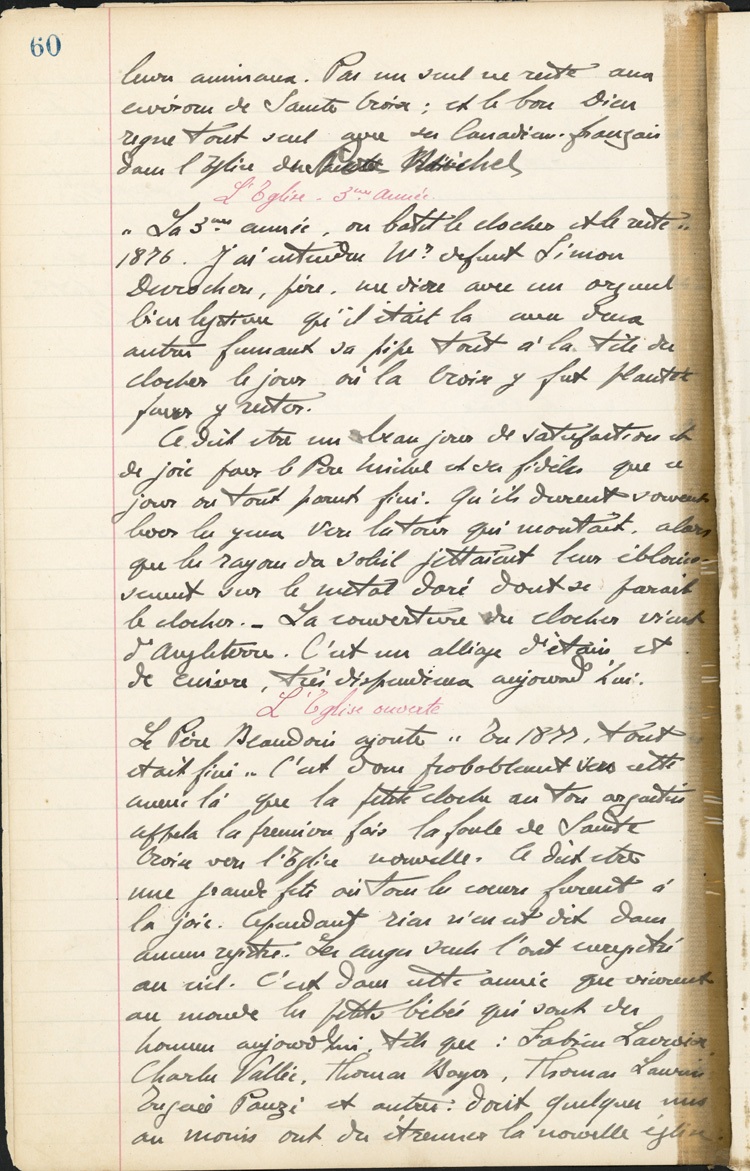 Reproduction de la soixanti&egrave;me page des Notes historiques sur la paroisse Sainte-Croix de Lafontaine par le p&egrave;re Henri Brunet, cur&eacute; de la paroisse,  relatant la vie du cur&eacute; Joseph Michel, la construction du presbyt&egrave;re, d’un puits, d’une grange, des &eacute;glises Sainte-Croix et St. Patrick, et du couvent, &agrave; Lafontaine (Ontario) de 1872 &agrave; 1889, 1924-1936.