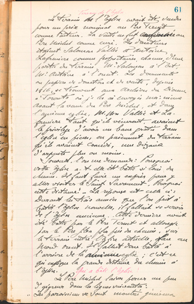 Reproduction de la soixante et uni&egrave;me page des Notes historiques sur la paroisse Sainte-Croix de Lafontaine par le p&egrave;re Henri Brunet, cur&eacute; de la paroisse,  relatant la vie du cur&eacute; Joseph Michel, la construction du presbyt&egrave;re, d’un puits, d’une grange, des &eacute;glises Sainte-Croix et St. Patrick, et du couvent, &agrave; Lafontaine (Ontario) de 1872 &agrave; 1889, 1924-1936.