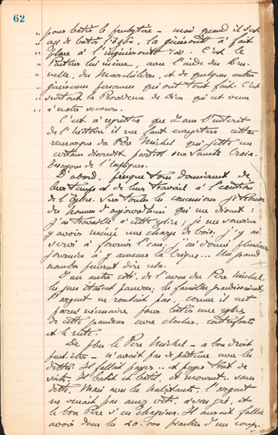Reproduction de la soixante-deuxi&egrave;me page des Notes historiques sur la paroisse Sainte-Croix de Lafontaine par le p&egrave;re Henri Brunet, cur&eacute; de la paroisse,  relatant la vie du cur&eacute; Joseph Michel, la construction du presbyt&egrave;re, d’un puits, d’une grange, des &eacute;glises Sainte-Croix et St. Patrick, et du couvent, &agrave; Lafontaine (Ontario) de 1872 &agrave; 1889, 1924-1936.