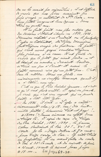 Reproduction de la soixante-troisi&egrave;me page des Notes historiques sur la paroisse Sainte-Croix de Lafontaine par le p&egrave;re Henri Brunet, cur&eacute; de la paroisse,  relatant la vie du cur&eacute; Joseph Michel, la construction du presbyt&egrave;re, d’un puits, d’une grange, des &eacute;glises Sainte-Croix et St. Patrick, et du couvent, &agrave; Lafontaine (Ontario) de 1872 &agrave; 1889, 1924-1936.