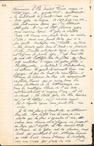 Reproduction de la soixante-quatri&egrave;me page des Notes historiques sur la paroisse Sainte-Croix de Lafontaine par le p&egrave;re Henri Brunet, cur&eacute; de la paroisse,  relatant la vie du cur&eacute; Joseph Michel, la construction du presbyt&egrave;re, d’un puits, d’une grange, des &eacute;glises Sainte-Croix et St. Patrick, et du couvent, &agrave; Lafontaine (Ontario) de 1872 &agrave; 1889, 1924-1936.