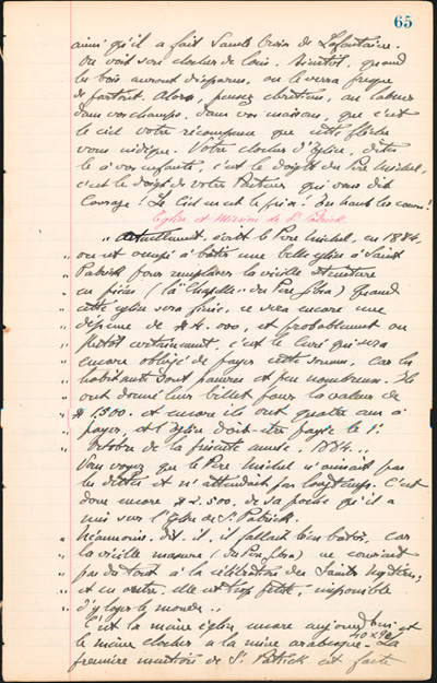Reproduction de la soixante-cinqui&egrave;me page des Notes historiques sur la paroisse Sainte-Croix de Lafontaine par le p&egrave;re Henri Brunet, cur&eacute; de la paroisse,  relatant la vie du cur&eacute; Joseph Michel, la construction du presbyt&egrave;re, d’un puits, d’une grange, des &eacute;glises Sainte-Croix et St. Patrick, et du couvent, &agrave; Lafontaine (Ontario) de 1872 &agrave; 1889, 1924-1936.