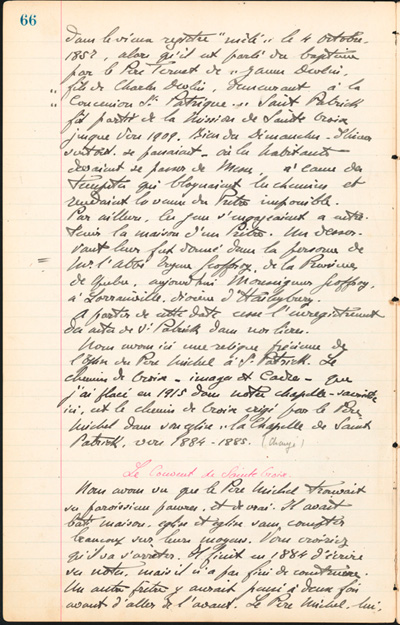 Reproduction de la soixante-sixi&egrave;me page des Notes historiques sur la paroisse Sainte-Croix de Lafontaine par le p&egrave;re Henri Brunet, cur&eacute; de la paroisse,  relatant la vie du cur&eacute; Joseph Michel, la construction du presbyt&egrave;re, d’un puits, d’une grange, des &eacute;glises Sainte-Croix et St. Patrick, et du couvent, &agrave; Lafontaine (Ontario) de 1872 &agrave; 1889, 1924-1936.