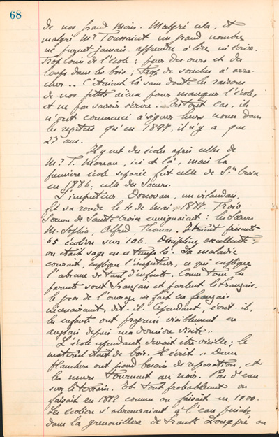 Reproduction de la soixante-huiti&egrave;me page des Notes historiques sur la paroisse Sainte-Croix de Lafontaine par le p&egrave;re Henri Brunet, cur&eacute; de la paroisse,  relatant la vie du cur&eacute; Joseph Michel, la construction du presbyt&egrave;re, d’un puits, d’une grange, des &eacute;glises Sainte-Croix et St. Patrick, et du couvent, &agrave; Lafontaine (Ontario) de 1872 &agrave; 1889, 1924-1936.