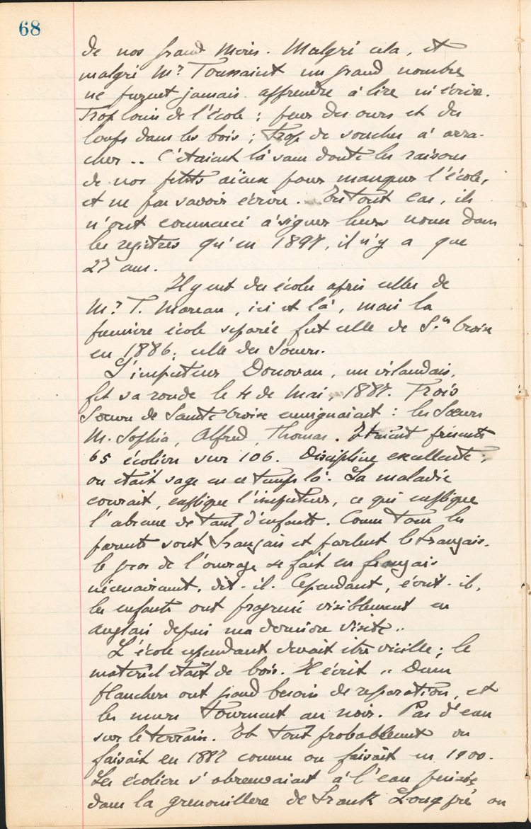 Reproduction de la soixante-huiti&egrave;me page des Notes historiques sur la paroisse Sainte-Croix de Lafontaine par le p&egrave;re Henri Brunet, cur&eacute; de la paroisse,  relatant la vie du cur&eacute; Joseph Michel, la construction du presbyt&egrave;re, d’un puits, d’une grange, des &eacute;glises Sainte-Croix et St. Patrick, et du couvent, &agrave; Lafontaine (Ontario) de 1872 &agrave; 1889, 1924-1936.