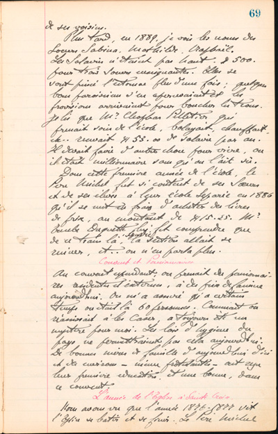 Reproduction de la soixante-neuvi&egrave;me page des Notes historiques sur la paroisse Sainte-Croix de Lafontaine par le p&egrave;re Henri Brunet, cur&eacute; de la paroisse,  relatant la vie du cur&eacute; Joseph Michel, la construction du presbyt&egrave;re, d’un puits, d’une grange, des &eacute;glises Sainte-Croix et St. Patrick, et du couvent, &agrave; Lafontaine (Ontario) de 1872 &agrave; 1889, 1924-1936.