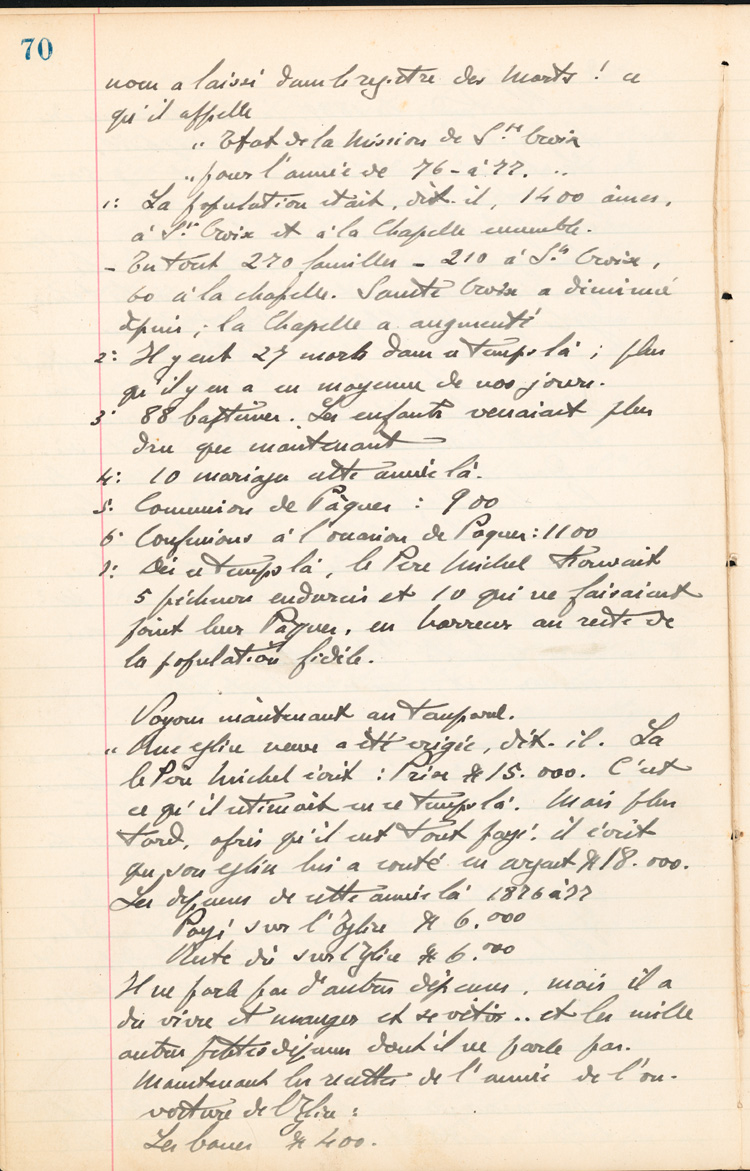 Reproduction de la soixante-dixi&egrave;me page des Notes historiques sur la paroisse Sainte-Croix de Lafontaine par le p&egrave;re Henri Brunet, cur&eacute; de la paroisse,  relatant la vie du cur&eacute; Joseph Michel, la construction du presbyt&egrave;re, d’un puits, d’une grange, des &eacute;glises Sainte-Croix et St. Patrick, et du couvent, &agrave; Lafontaine (Ontario) de 1872 &agrave; 1889, 1924-1936.