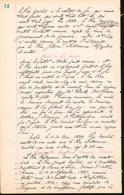 Reproduction de la soixante-douzi&egrave;me page des Notes historiques sur la paroisse Sainte-Croix de Lafontaine par le p&egrave;re Henri Brunet, cur&eacute; de la paroisse,  relatant la vie du cur&eacute; Joseph Michel, la construction du presbyt&egrave;re, d’un puits, d’une grange, des &eacute;glises Sainte-Croix et St. Patrick, et du couvent, &agrave; Lafontaine (Ontario) de 1872 &agrave; 1889, 1924-1936.