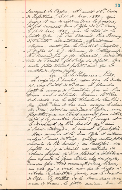 Reproduction de la soixante-treizi&egrave;me page des Notes historiques sur la paroisse Sainte-Croix de Lafontaine par le p&egrave;re Henri Brunet, cur&eacute; de la paroisse,  relatant la vie du cur&eacute; Joseph Michel, la construction du presbyt&egrave;re, d’un puits, d’une grange, des &eacute;glises Sainte-Croix et St. Patrick, et du couvent, &agrave; Lafontaine (Ontario) de 1872 &agrave; 1889, 1924-1936.