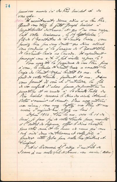 Reproduction de la soixante-quatorzi&egrave;me page des Notes historiques sur la paroisse Sainte-Croix de Lafontaine par le p&egrave;re Henri Brunet, cur&eacute; de la paroisse,  relatant la vie du cur&eacute; Joseph Michel, la construction du presbyt&egrave;re, d’un puits, d’une grange, des &eacute;glises Sainte-Croix et St. Patrick, et du couvent, &agrave; Lafontaine (Ontario) de 1872 &agrave; 1889, 1924-1936.