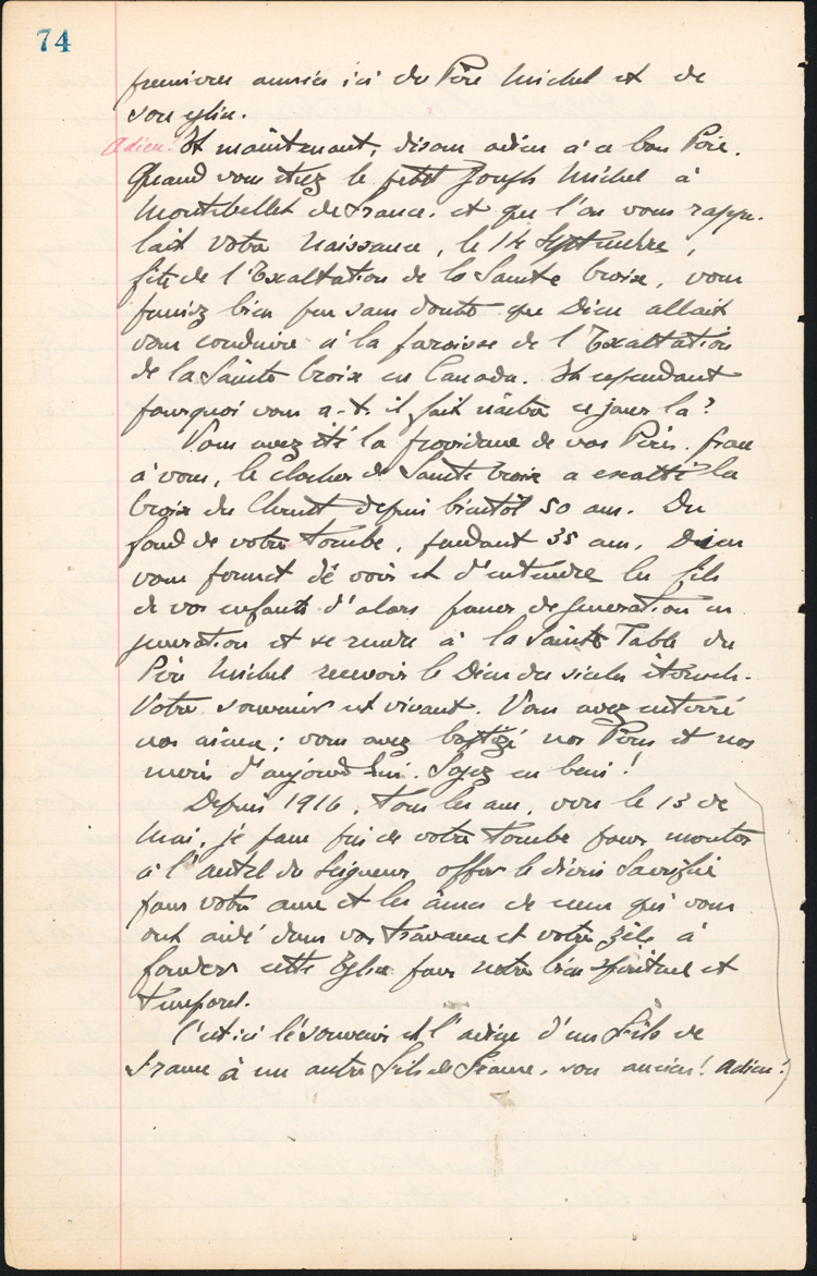 Reproduction de la soixante-quatorzi&egrave;me page des Notes historiques sur la paroisse Sainte-Croix de Lafontaine par le p&egrave;re Henri Brunet, cur&eacute; de la paroisse,  relatant la vie du cur&eacute; Joseph Michel, la construction du presbyt&egrave;re, d’un puits, d’une grange, des &eacute;glises Sainte-Croix et St. Patrick, et du couvent, &agrave; Lafontaine (Ontario) de 1872 &agrave; 1889, 1924-1936.
