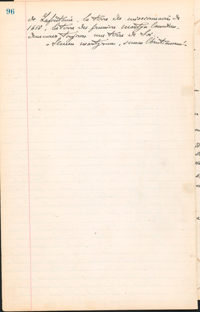 Reproduction de la quatre-vingt-seizi&egrave;me page des Notes historiques sur la paroisse Sainte-Croix de Lafontaine par le p&egrave;re Henri Brunet, cur&eacute; de la paroisse, honorant la pers&eacute;v&eacute;rance des colons canadiens-fran&ccedil;ais et des pr&ecirc;tres catholiques de la paroisse Sainte-Croix de Lafontaine (Ontario), 1924-1936.