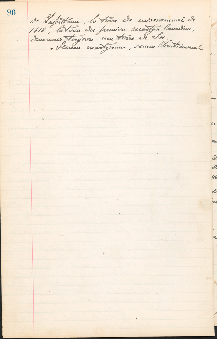 Reproduction de la quatre-vingt-seizi&egrave;me page des Notes historiques sur la paroisse Sainte-Croix de Lafontaine par le p&egrave;re Henri Brunet, cur&eacute; de la paroisse, honorant la pers&eacute;v&eacute;rance des colons canadiens-fran&ccedil;ais et des pr&ecirc;tres catholiques de la paroisse Sainte-Croix de Lafontaine (Ontario), 1924-1936.