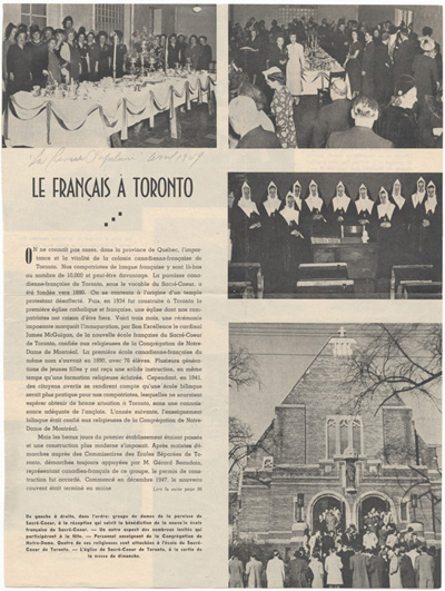 Reproduction de la premi&egrave;re page d’un article intitul&eacute; Le fran&ccedil;ais &agrave; Toronto et paru dans La revue populaire, avril 1949.