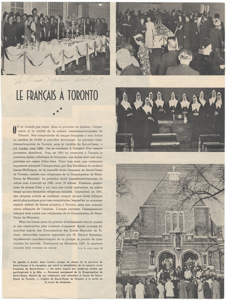 Reproduction de la premi&egrave;re page d’un article intitul&eacute; Le fran&ccedil;ais &agrave; Toronto et paru dans La revue populaire, avril 1949.