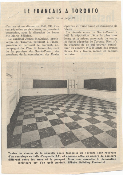 Reproduction de la deuxi&egrave;me page d’un article intitul&eacute; Le fran&ccedil;ais &agrave; Toronto et paru dans La revue populaire, avril 1949.