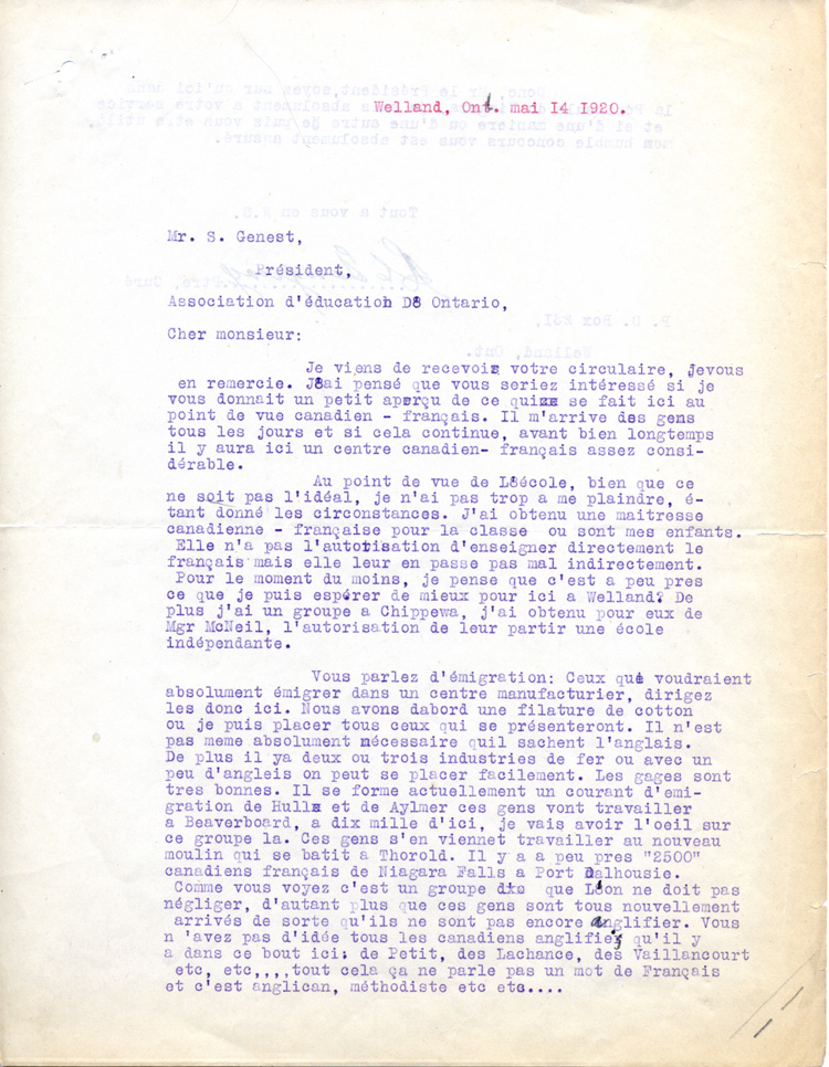 Reproduction de la premi&egrave;re page d’une lettre de Rosario-C. Tanguay, pr&ecirc;tre de la paroisse Sacr&eacute;-Coeur de Welland (Ontario), &agrave; Samuel Genest, pr&eacute;sident de l’Association canadienne-fran&ccedil;aise d’&eacute;ducation d’Ontario (ACFEO), 14 mai 1920.