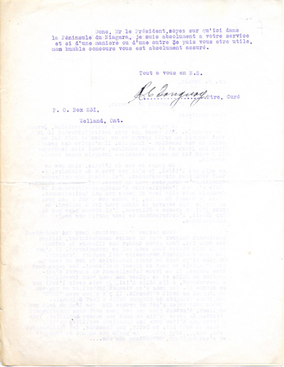 Reproduction de la deuxi&egrave;me page d’une lettre de Rosario-C. Tanguay, pr&ecirc;tre de la paroisse Sacr&eacute;-Coeur de Welland (Ontario), &agrave; Samuel Genest, pr&eacute;sident de l’Association canadienne-fran&ccedil;aise d’&eacute;ducation d’Ontario (ACFEO), 14 mai 1920.