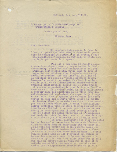 Reproduction de la premi&egrave;re page d’une lettre de Rosario-C. Tanguay, pr&ecirc;tre de la paroisse Sacr&eacute;-Coeur de Welland (Ontario), &agrave; l’Association canadienne-fran&ccedil;aise d’&eacute;ducation d’Ontario (ACFEO), 7 janvier 1920.