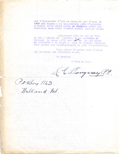 Reproduction de la deuxi&egrave;me page d’une lettre de Rosario-C. Tanguay, pr&ecirc;tre de la paroisse Sacr&eacute;-Coeur de Welland (Ontario), &agrave; l’Association canadienne-fran&ccedil;aise d’&eacute;ducation d’Ontario (ACFEO), 7 janvier 1920.