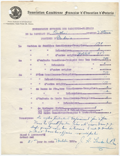 Reproduction du recensement officiel des Canadiens fran&ccedil;ais de la paroisse de Routhier, dioc&egrave;se d’Ottawa, [Saint-Bernardin (Ontario)], par l’Association canadienne-fran&ccedil;aise d’&eacute;ducation d’Ontario, 21 octobre 1912.