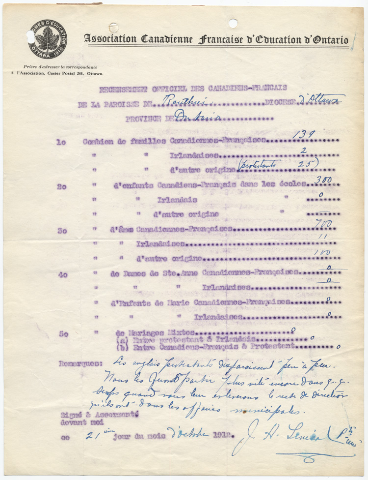 Reproduction du recensement officiel des Canadiens fran&ccedil;ais de la paroisse de Routhier, dioc&egrave;se d’Ottawa, [Saint-Bernardin (Ontario)], par l’Association canadienne-fran&ccedil;aise d’&eacute;ducation d’Ontario, 21 octobre 1912.