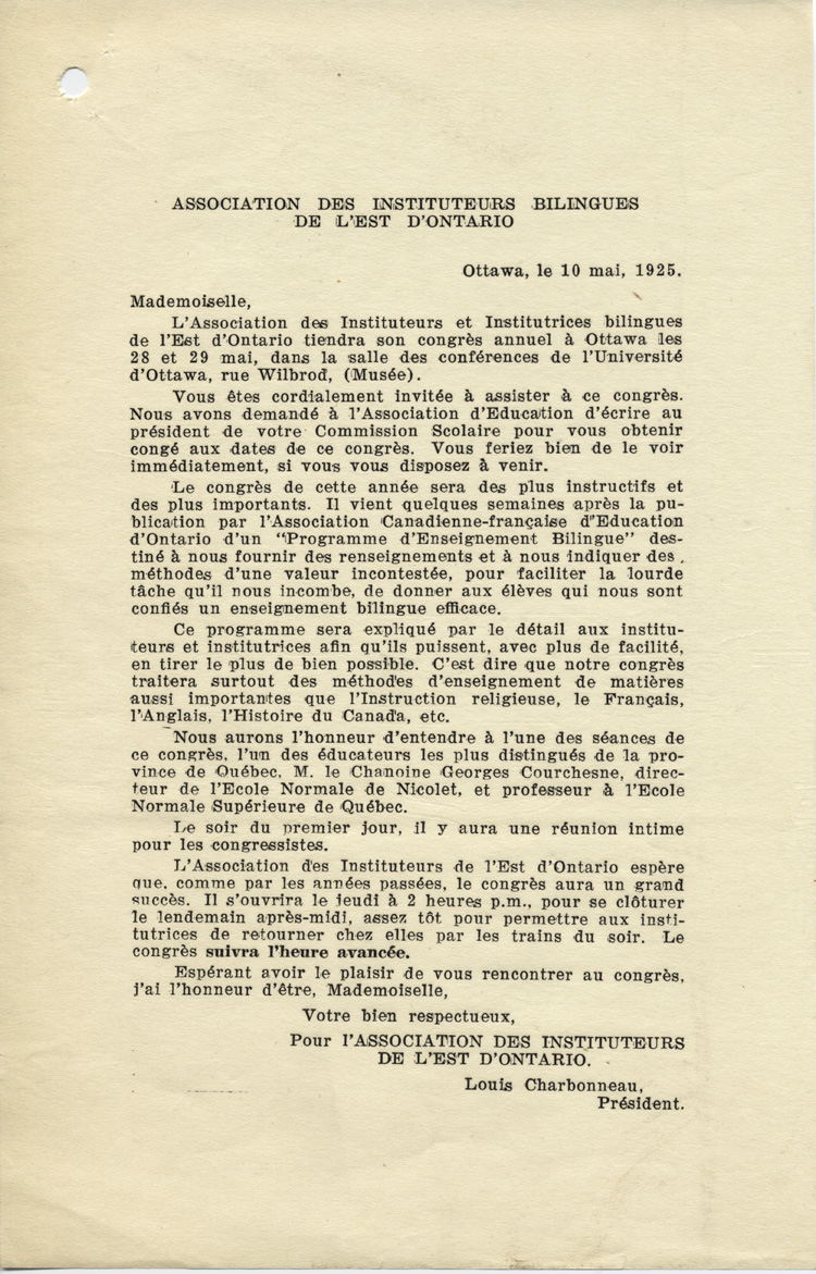 Reproduction de la lettre d’invitation au congr&egrave;s de l’Association des instituteurs et des institutrices bilingues de l’Est d’Ontario (AIBEO), tenu &agrave; Ottawa, les 28 et 29 mai 1925, par Louis Charbonneau, pr&eacute;sident de l’Association, 10 mai 1925.