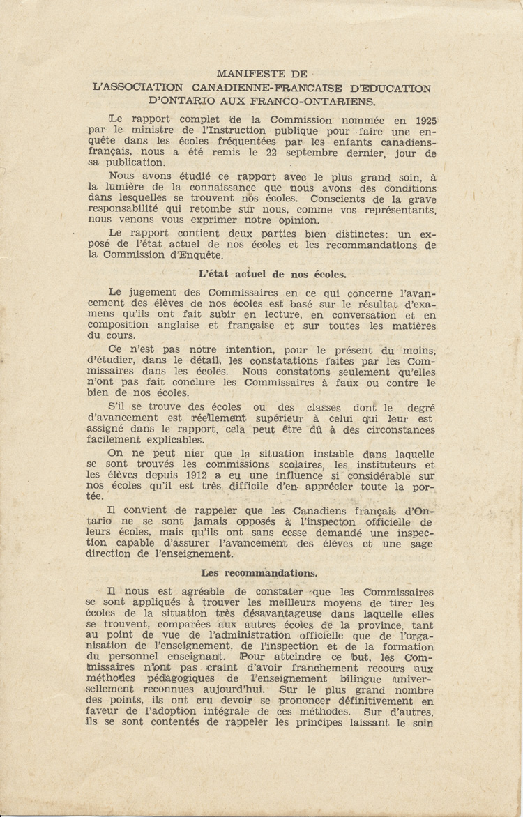 Reproduction de la premi&egrave;re page du Manifeste de l’Association canadienne-fran&ccedil;aise d’&eacute;ducation d’Ontario aux Franco-Ontariens, 24 septembre 1927.