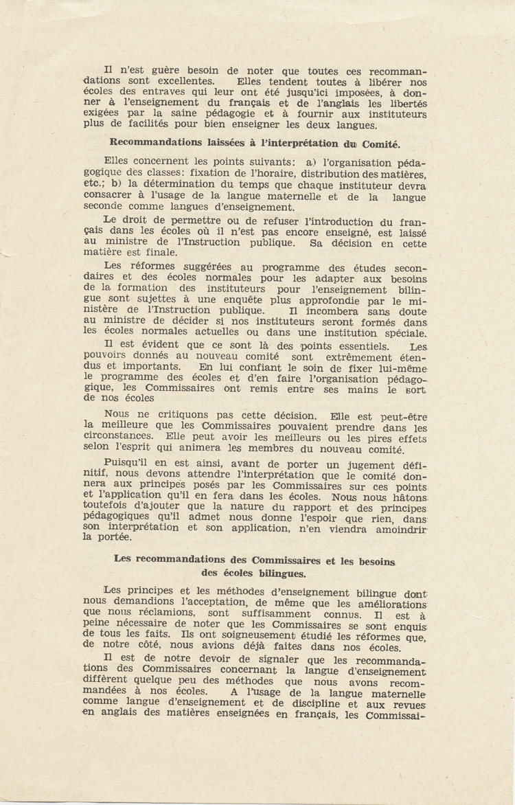 Reproduction de la troisi&egrave;me page du Manifeste de l’Association canadienne-fran&ccedil;aise d’&eacute;ducation d’Ontario aux Franco-Ontariens, 24 septembre 1927.