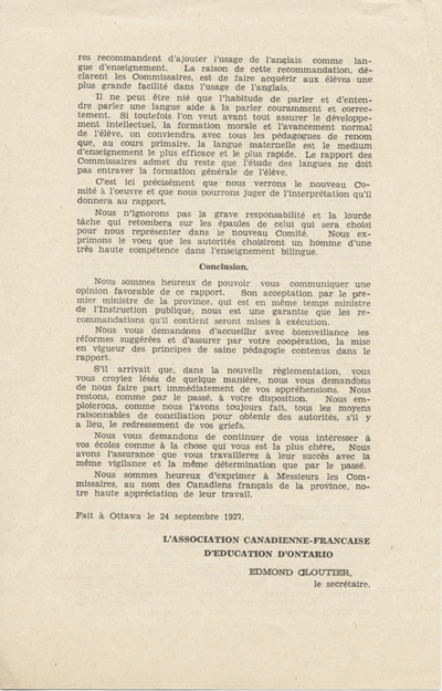 Reproduction de la quatri&egrave;me page du Manifeste de l’Association canadienne-fran&ccedil;aise d’&eacute;ducation d’Ontario aux Franco-Ontariens, 24 septembre 1927.