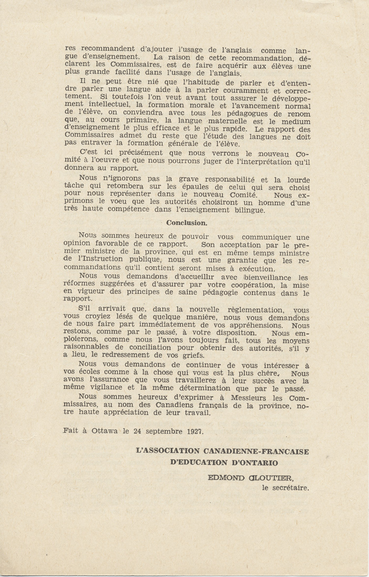 Reproduction de la quatri&egrave;me page du Manifeste de l’Association canadienne-fran&ccedil;aise d’&eacute;ducation d’Ontario aux Franco-Ontariens, 24 septembre 1927.