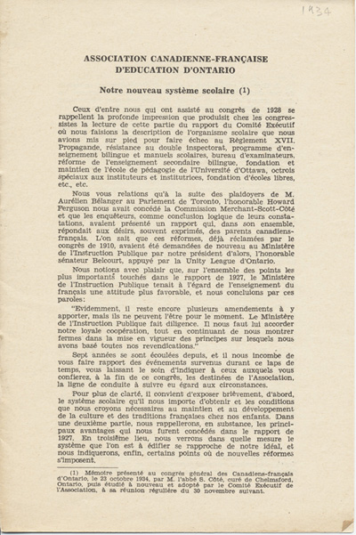 Reproduction de la premi&egrave;re page de Notre nouveau syst&egrave;me scolaire, m&eacute;moire de l’abb&eacute; St&eacute;phane C&ocirc;t&eacute;, cur&eacute; de Chelmsford (Ontario), pr&eacute;sent&eacute; au congr&egrave;s g&eacute;n&eacute;ral de l’Association canadienne-fran&ccedil;aise d’&eacute;ducation d’Ontario, le 23 octobre 1934, 1934. 