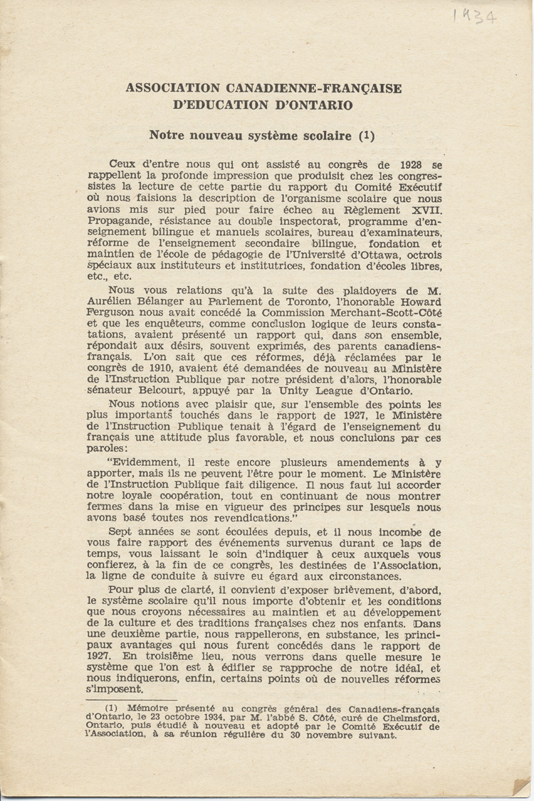 Reproduction de la premi&egrave;re page de Notre nouveau syst&egrave;me scolaire, m&eacute;moire de l’abb&eacute; St&eacute;phane C&ocirc;t&eacute;, cur&eacute; de Chelmsford (Ontario), pr&eacute;sent&eacute; au congr&egrave;s g&eacute;n&eacute;ral de l’Association canadienne-fran&ccedil;aise d’&eacute;ducation d’Ontario, le 23 octobre 1934, 1934. 